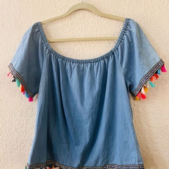 Speed Limit Blouse Med Blue Fringe Festival 100% Cotton Coachella Colorful - Picture 3 of 7